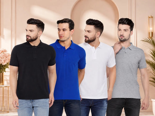 Men's T-shirt Solid Polo Neck Polly Cotton (Pack of 4)